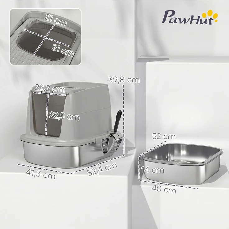 PawHut Katzentoilette, Edelstahl, Kunststoff, Hellgrau, 52,4L x 41,3B x 39,8H cm – Bild 3