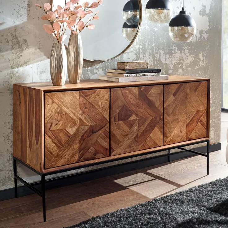 Sideboard 123x70x45 cm Sheesham Massivholz / Metall Anrichte mit Türen, Indus...