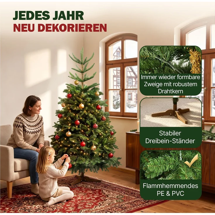 Aurelia Home Künstlicher Weihnachtsbaum 150 cm – Nordmann-Optik mit PE-Wipfel, Holzständer und Tasche – Bild 4