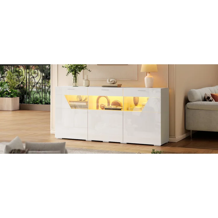 ZUBALIYA Sideboard 160x38x78 cm, mit LED-Beleuchtung, Hochglanz, mit 3 Türen, aus Spanplatte, Weiß – Bild 7