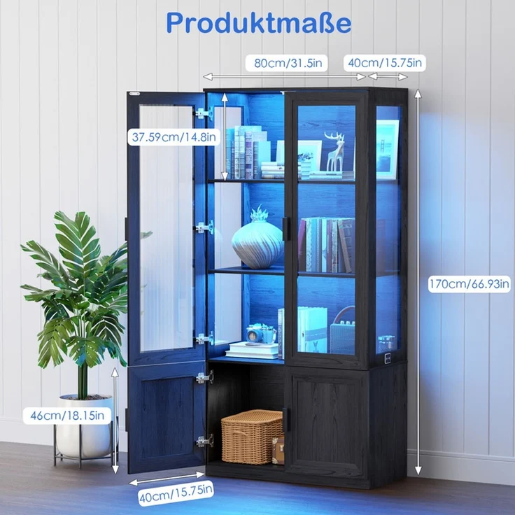 Vitrinenschrank mit 3 offenen Regalen und Acryl-Türen, LED-Beleuchtung und Magnetverschluss, Schwarz – Bild 4