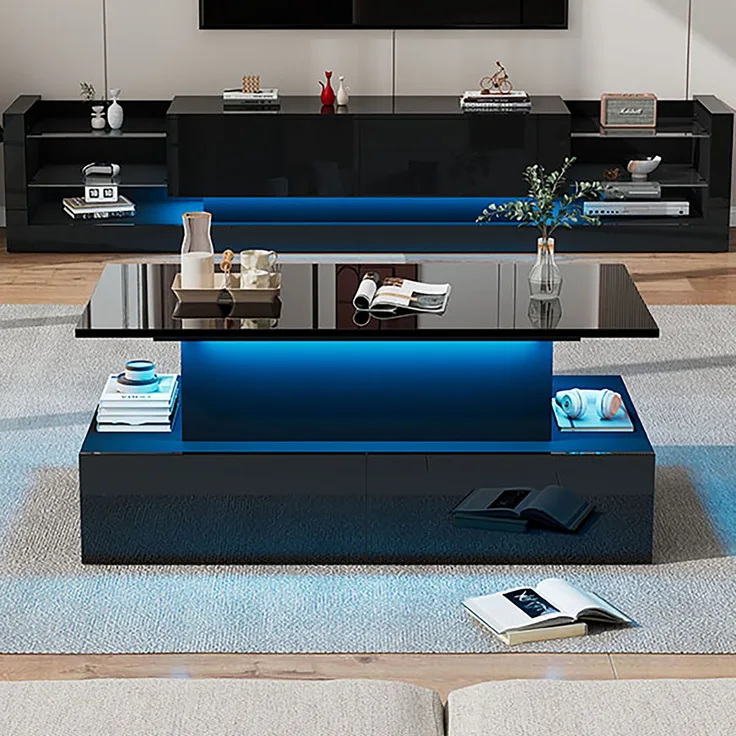 Couchtisch 90x55x41 cm mit LED, 4 Schubladen & ausziehbarer Platte in Hochglanz-Schwarz