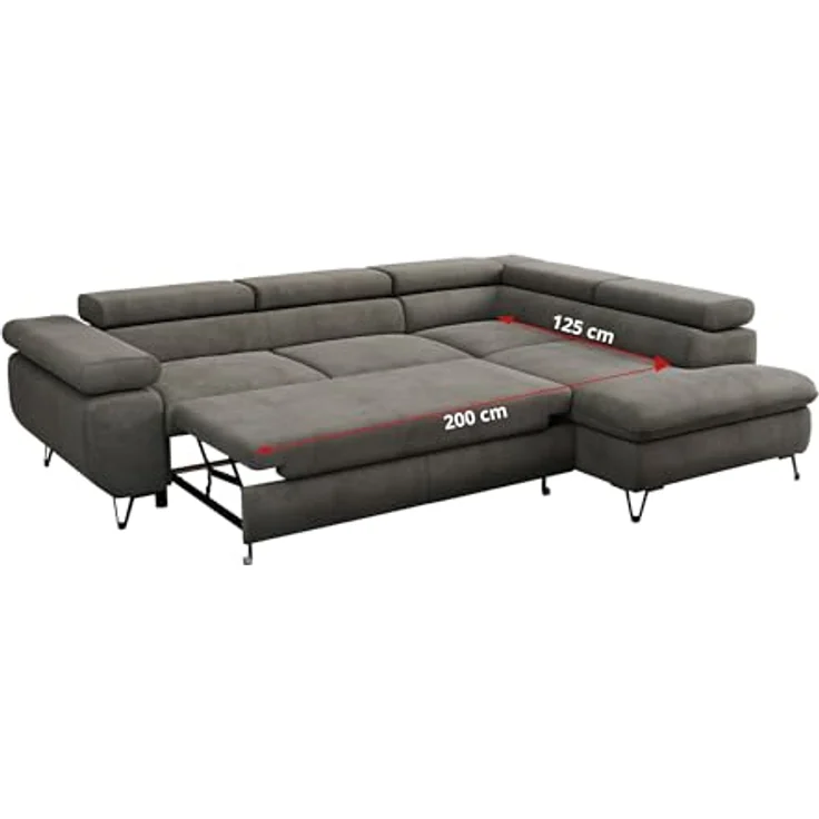 Mks Möbel 'Peter L-form' Ecksofa mit Bettfunktion, Bettkasten & einstellbaren Kopfstützen, Dunkelgrau, Velours, links – Bild 7