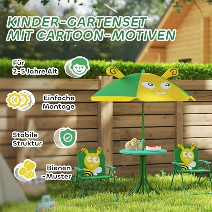AIYAPLAY Garten-Kindersitzgruppe mit höhenverstellbarem Sonnenschirm, (Gartentisch, 2 Klappstühle, 4-tlg, Garten Kindersitzgarnitur), Bienen-Muster für 2-5 Jahre Kinder, Grün – Bild 6