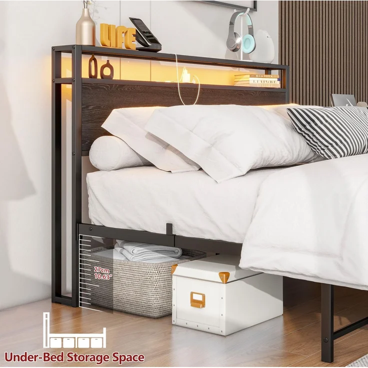 CHICFURN Bett aus MDF und Metall 140x200 cm mit Stauraum und USB-Anschluss Schwarz – Bild 5