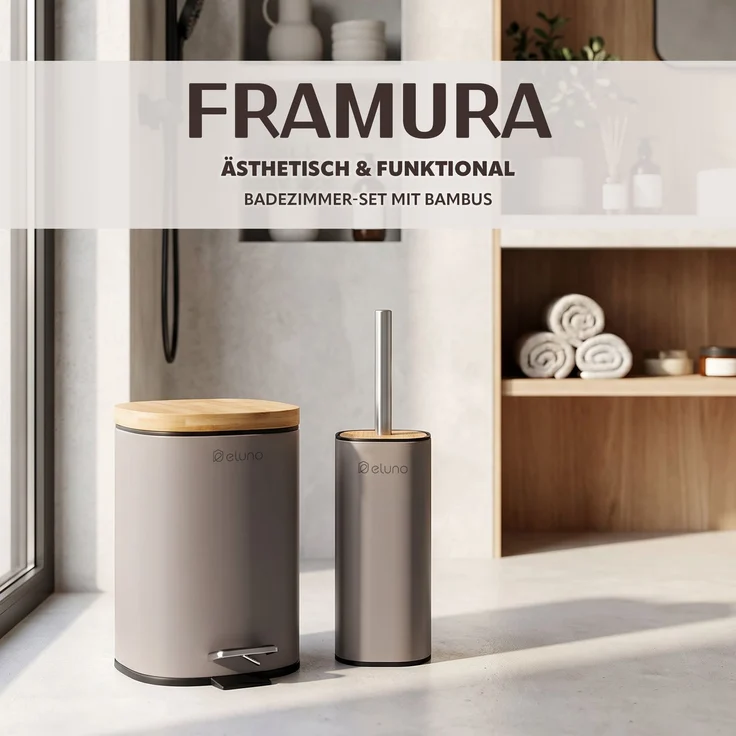 eluno Badezimmer Zubehör Set FRAMURA 2tlg. bestehend aus 1 Kosmetikeimer, 1 WC-Garnitur, Metall, Braun – Bild 2