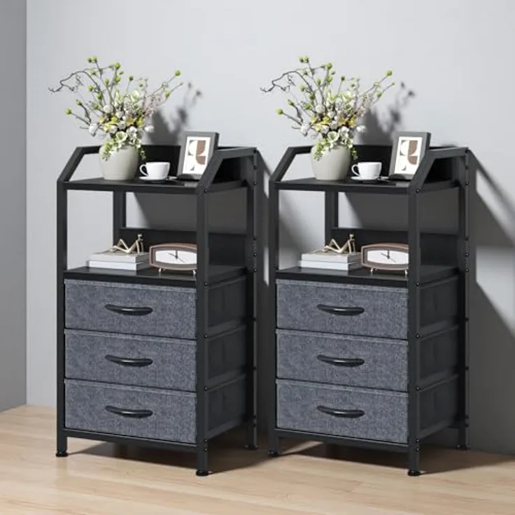 Feonase Nachttisch 2er Set mit 3 Stoff-Schubladen & offenem Fach, kleine Kommode & Beistelltisch, MDF-Nachtschrank für Schlafzimmer, Wohnzimmer, Dunkelgrau