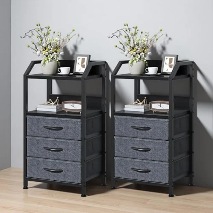 Feonase Nachttisch 2er Set mit 3 Stoff-Schubladen & offenem Fach, kleine Kommode & Beistelltisch, MDF-Nachtschrank für Schlafzimmer, Wohnzimmer, Dunkelgrau – Bild 1