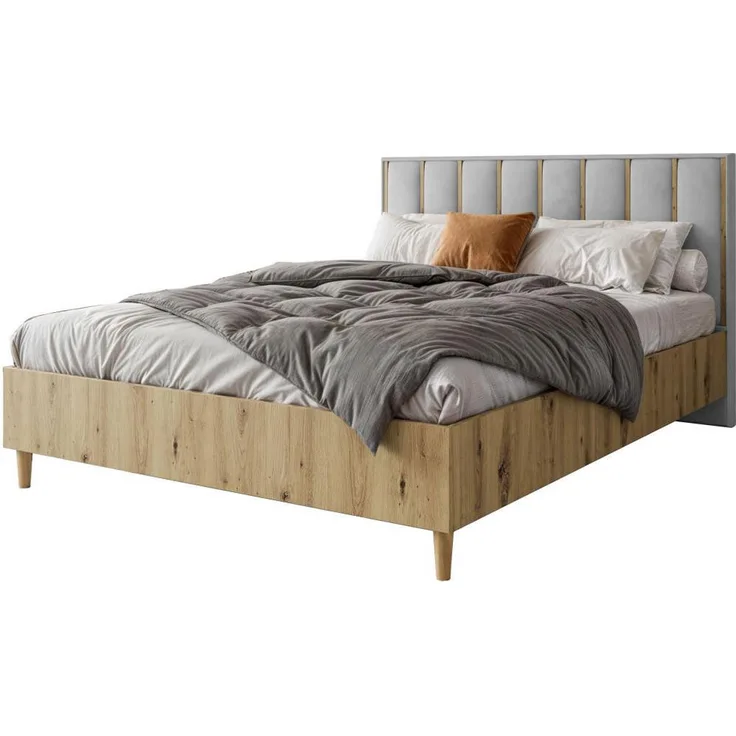 Beautysofa Polsterbett 160x200 cm, Eiche Artisan, Grau, mit Bettzeugbehälter und Kopfteil im modernen Design