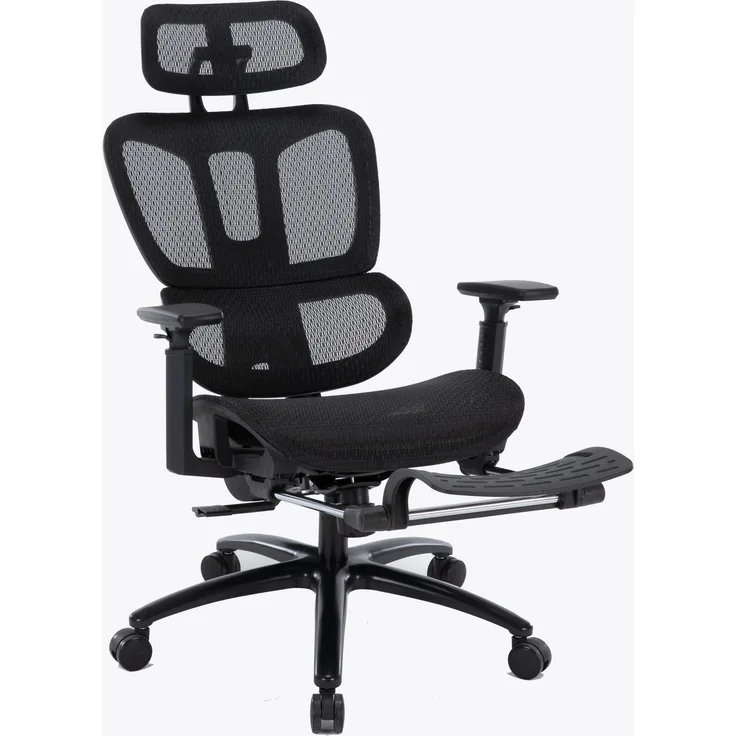 Bürostuhl in moderner Mesh-Optik mit Fußstütze ergonomischer Drehstuhl mit Nacken und Lordosenstütze - Gamingstuhl mit atmungsaktiver Netzrückenlehne und Wippfunktion Schwarz
