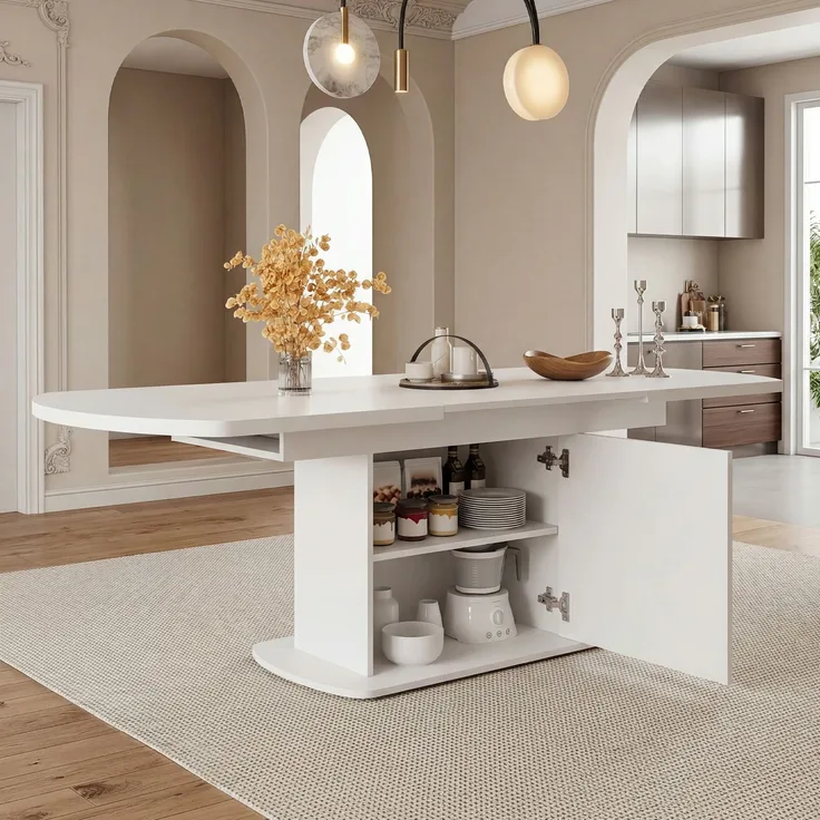 Ausziehbarer ovaler Esstisch, L140/200*W80*H75cm,Esstisch mit Stauraum, Kaffee-Freizeittisch, moderner minimalistischer Esstisch, platzsparender multifunktionaler Esstisch, weiß+silberner Griff