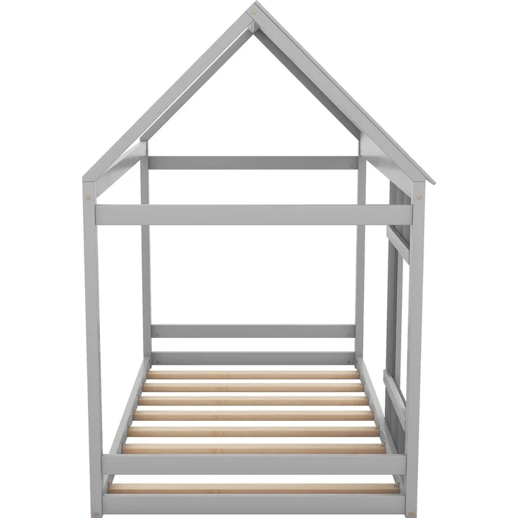 Kinderbett 90x200 cm in Hausform, Montessori Bett mit Dach und Fenster,offenes Design zum Dekorieren, Grau – Bild 10