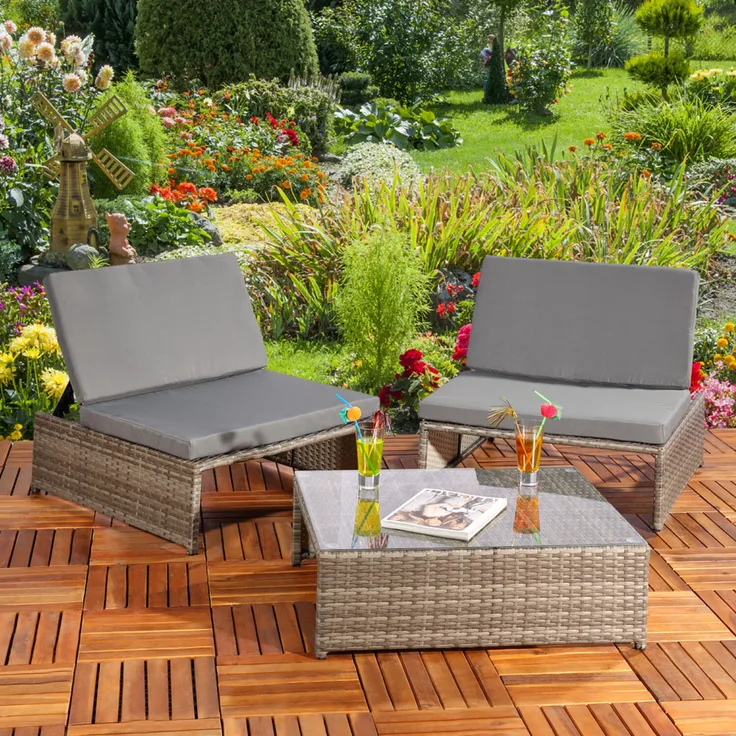 Gartenmöbelset Sessel Tisch Sitzgruppe Polyrattan Essgruppe grau/schwarz