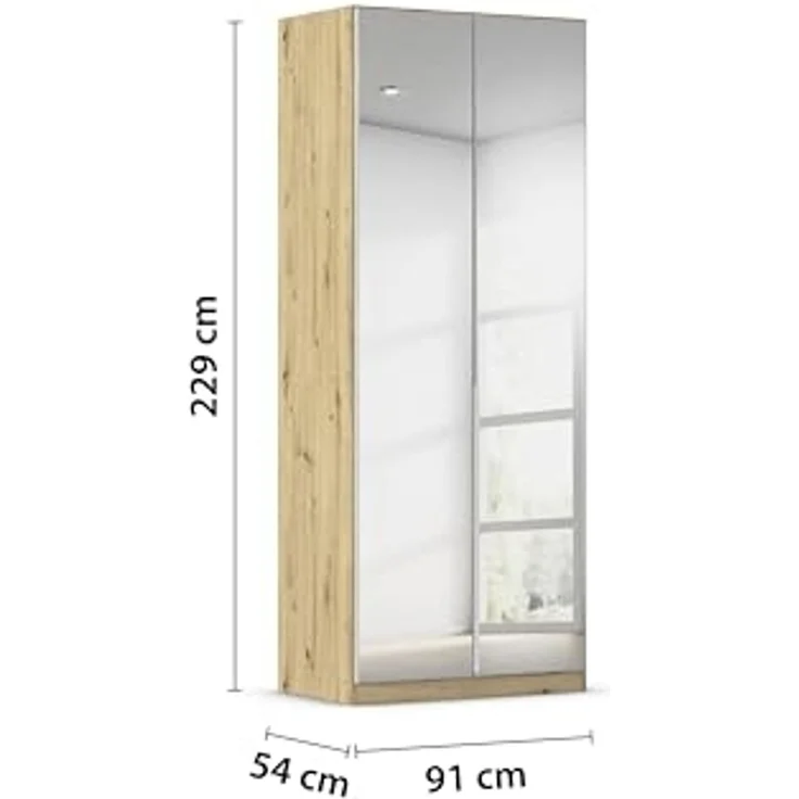 Rauch Möbel Alabama, Kleiderschrank für Schlafzimmer, Kinderzimmer, Wohnzimmer, Garderobe, Flur, 2-türig, Spiegel, mit Zubehör Basic, Farbe Weiß/Eiche Artisan, Holz, Breite 91 cm – Bild 3