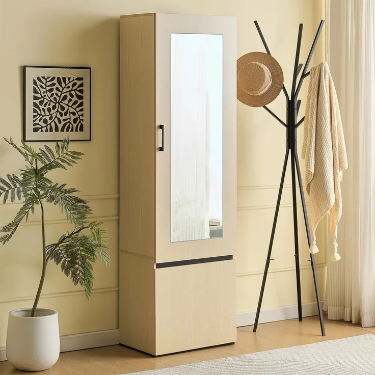Schmaler Garderobenschrank mit Spiegel und ausziehbarer Kleiderstange – Moderner Flurschrank, platzsparender Garderobenschrank für Flur, Schlafzimmer und Wohnung.[OLD SKU: GL3812N]--Holz--54x34.5x179.5cm--YOUDENOVA