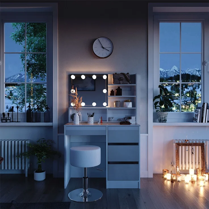 Schminktisch Sherry Weiß 90 cm mit LED Beleuchtung, Hocker und Spiegelregal Vicco – Bild 4