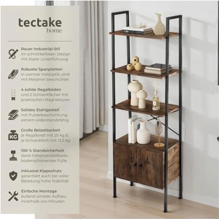 tectake Leiterregal Brentwood, Holzwerkstoff in Beton-Optik, 4 Ebenen, 2 Schrankfächer, 34x173x57,5 cm, Industrial Style – Bild 3