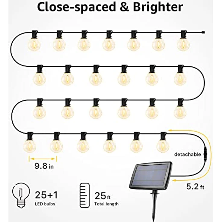 Lepro Solar Lichterkette G40, 7.62M mit 25 warmweißen LEDs, USB wiederaufladbar, 4 Beleuchtungsmodi für Garten, Balkon, Hochzeit und Weihnachtsdeko – Bild 3
