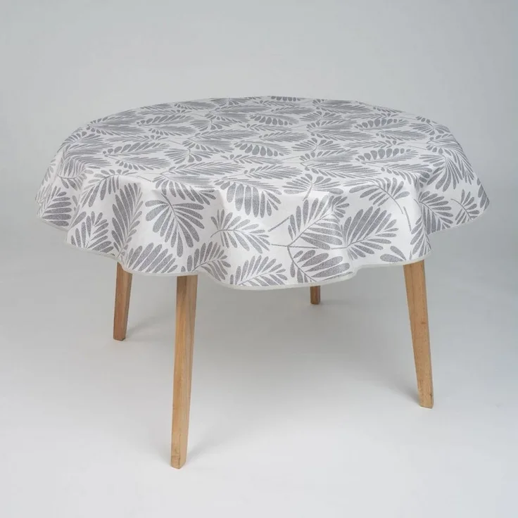 laro Tischdecke 140cm runde Tischdecke mit Saum-Eingefasst Blattgeflüster Grau Weiß