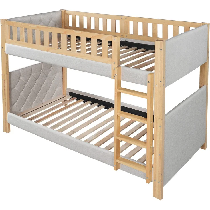 Etagenbett mit 2 Schlafgelegenheiten, 90x200cm, Kopfteil gepolstert, Kinderbett mit Leiter und Lattenost, Massivholz – Bild 9