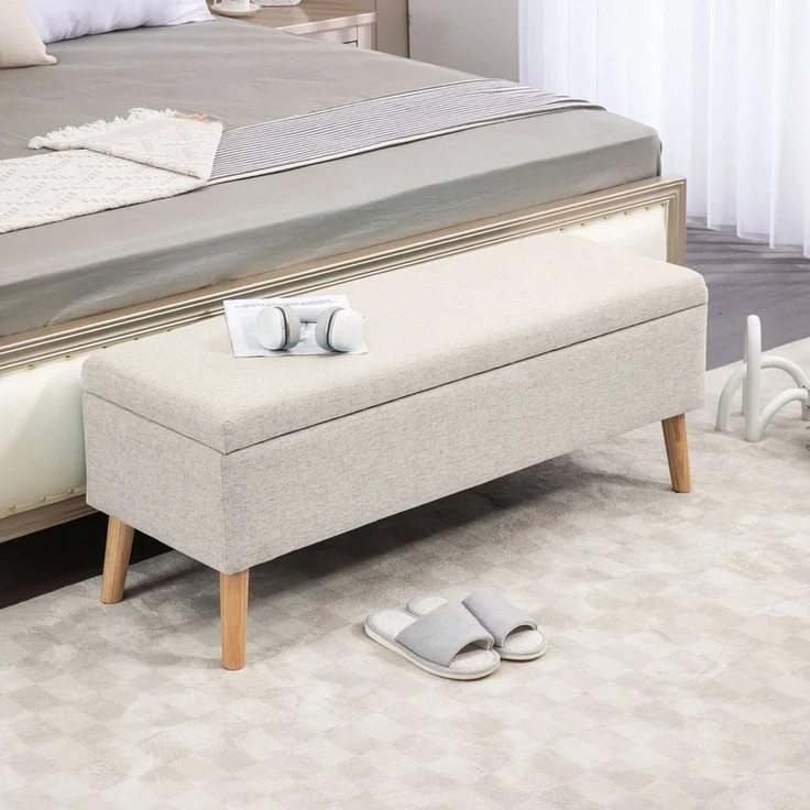 HOMCOM Sitzbank Bettbank mit Stauraum, Leinenoptik, 110 x 39 x 45 cm (Truhenbank, 1-St, Polsterbank), für Wohnzimmer, Schlafzimmer, Beige – Bild 1