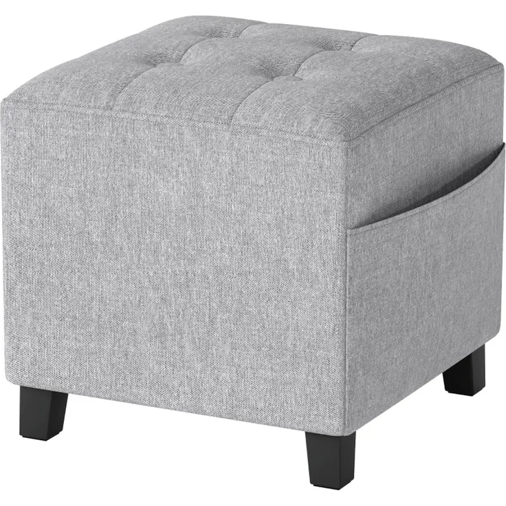 Quadratischer Hocker, kleiner Ottoman mit Seitentasche, Fußstütze aus Stoff in Leinenoptik mit Gummibaumholzbeinen, Hellgrau--Hellgrau--35x35x35cm--YOUDENOVA