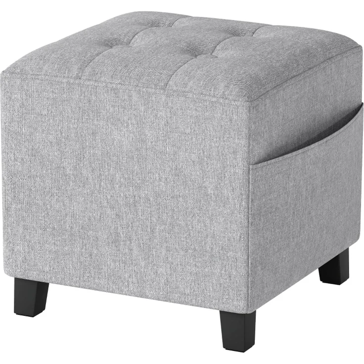 Quadratischer Hocker, kleiner Ottoman mit Seitentasche, Fußstütze aus Stoff in Leinenoptik mit Gummibaumholzbeinen, Hellgrau--Hellgrau--35x35x35cm--YOUDENOVA – Bild 1