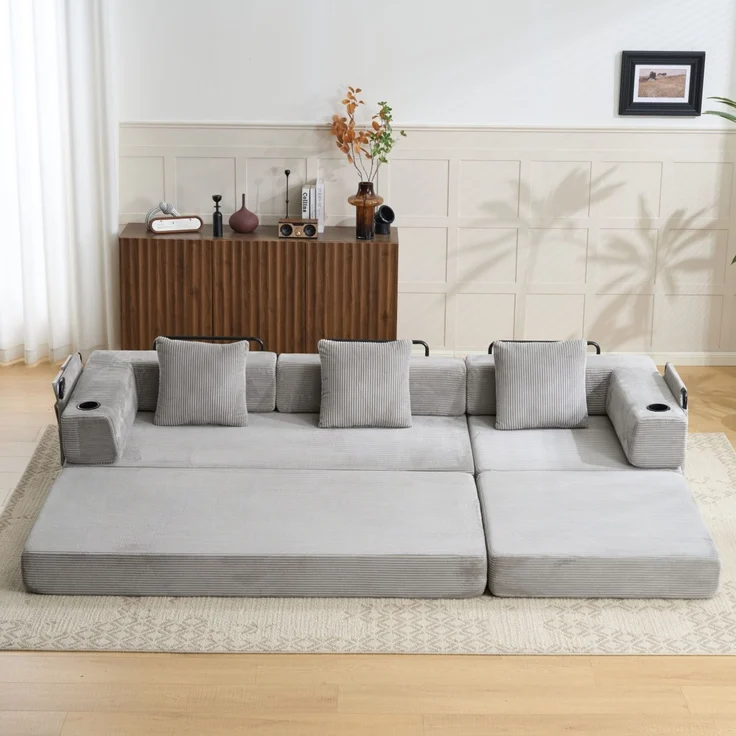 Bodensofa mit Schlaffunktion aus Cord in Hellgrau，H 60 x T 277.5 x B 92.5 cm – Bild 4