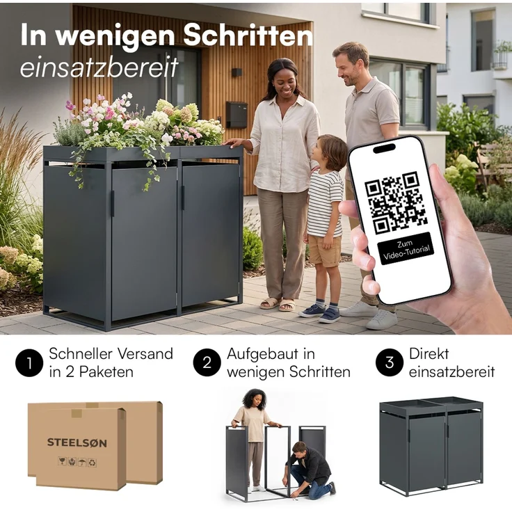 STEELSØN 'Thoria' Mülltonnenbox 2er je 120 Liter, anthrazit, Mülltonnenverkleidung aus Stahl, wetterfest, 111x62x117 cm, Müllbox mit Pflanzendach für 2 Tonnen – Bild 9