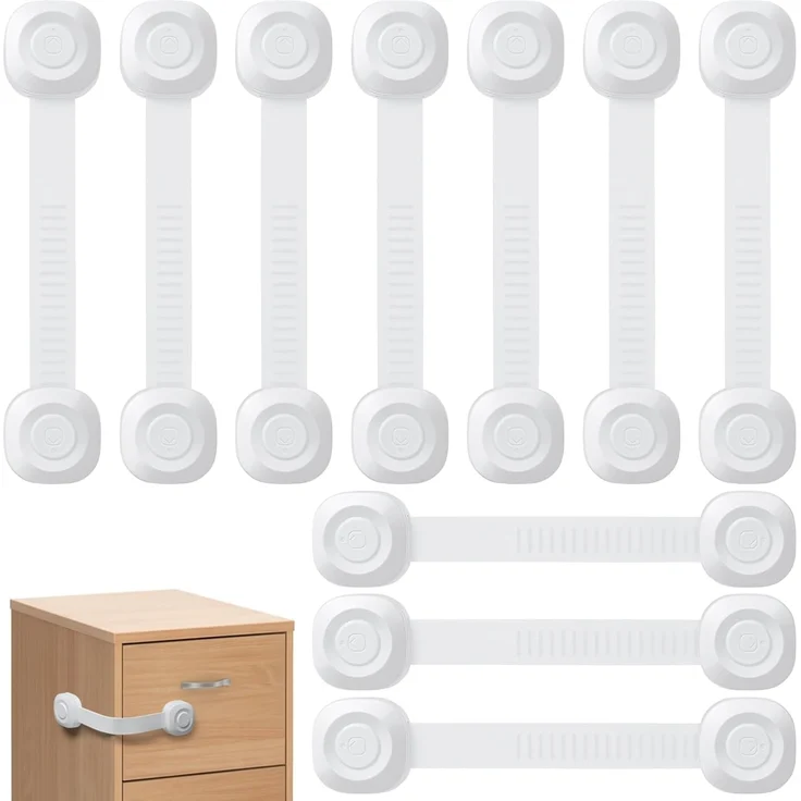 ECHOCUBE Kindersicherungen, Babysichere Schrankgurtschlösser mit Klebstoff, 10 Stück, verstellbare Babysicherungen für Schränke, Kühlschränke, Toiletten, Mülleimer (weiß) – Bild 1