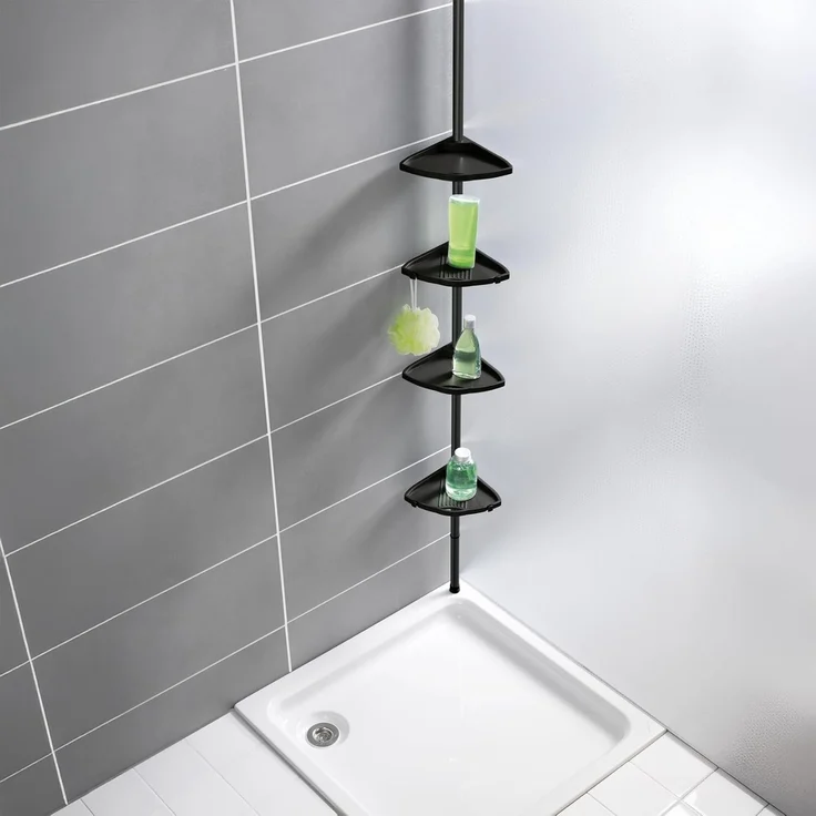WENKO Duschregal Compact, Eckregal mit 4 Ablagen und 8 Haken, Montage ohne Bohren, Aluminium – Bild 3