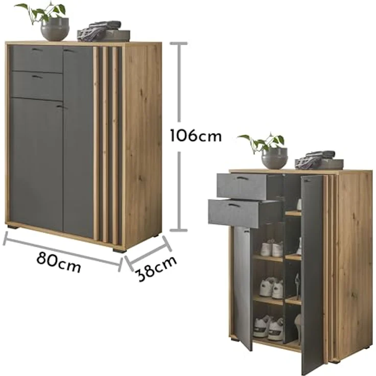 HBZ Schuhschrank Volano in schwarz, BxHxT 80x106x38 cm (1-St) Mit 2 Türen, 2 Schubkästen, 5 Einlegeböden – Bild 4