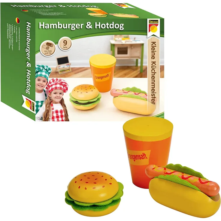 Idena 4100113 - Kleine Küchenmeister Hamburger und Hotdog Set aus Holz, für Spielküche und Kaufmannsladen, ab 3 Jahre, ca. 15 x 16 x 6 cm