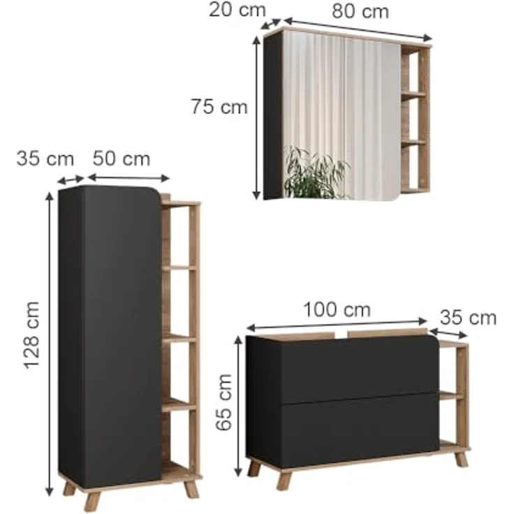 Vichy Badmöbelset Karen, 3-teiliges Möbelset in Sonoma/Anthrazit mit Waschbeckenunterschrank und Spiegelschrank, moderner Design und geräumiger Stauraum – Bild 2