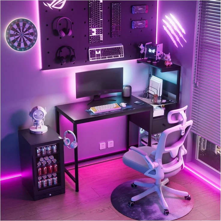 BBWL Computertisch mit Steckdosen USB Gaming Schreibtisch 122cm Eckschreibtisch, LED RGB Beleuchtung,Stauraum Schublade, Metallrahmen MDF – Bild 2