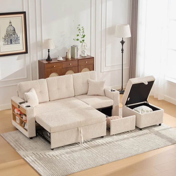 ZUBALIYA Sofa 144x85 cm, mit LED - Beleuchtung, mit USB - Anschluss, mit Stauraum, mit Ablageflächen, mit Ausziehbett – Bild 15