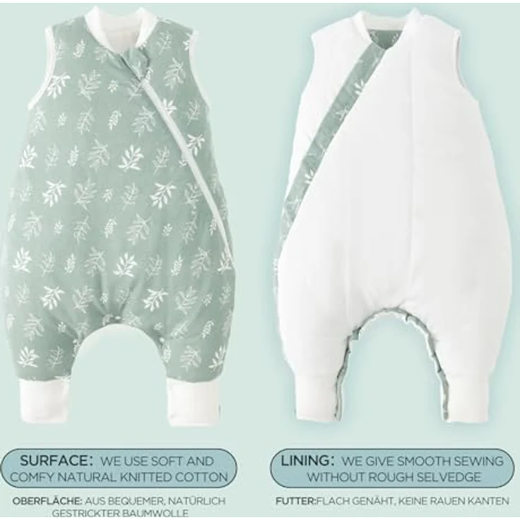 Duomiaomiao Baby Schlafsack, 1x Winterschlafsack, 2.5tog-grüne Blätter, 95cm / Babygröße 100-110cm, 100% Baumwolle – Bild 9