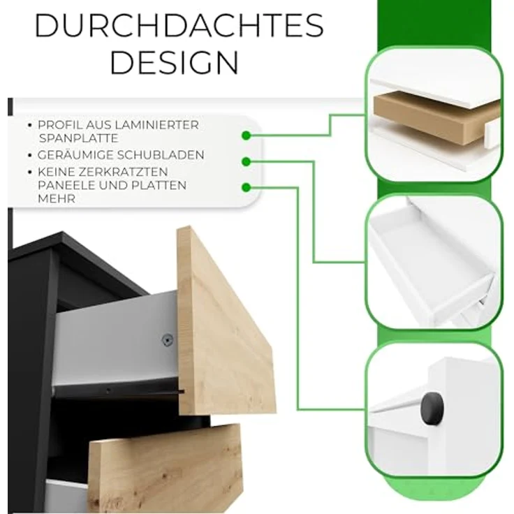 CDF Kommode mit Schublade Anthrazit/Artisan Schrank Schubladenschrank 3 Schubladen Malm Kommode viel Stauraum Geeignet für Wohnzimmer Schlafzimmer Komodenschrank Organizer Kleidung 40T x 70B x 75H cm – Bild 5