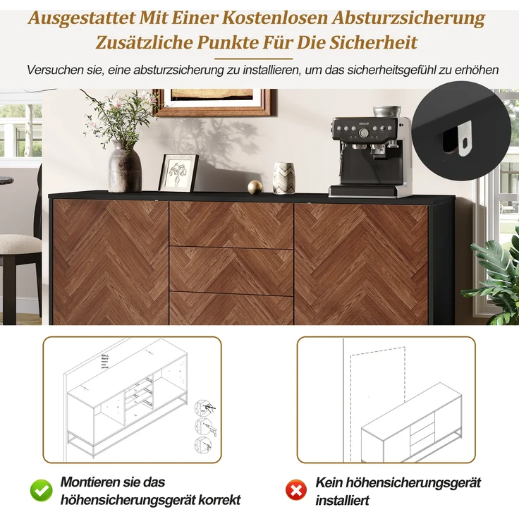 Sideboard Metallgestell mit 3 Schubladen & 2 Schranktüren 145x40x67 cm Eiche+Schwarz – Bild 6