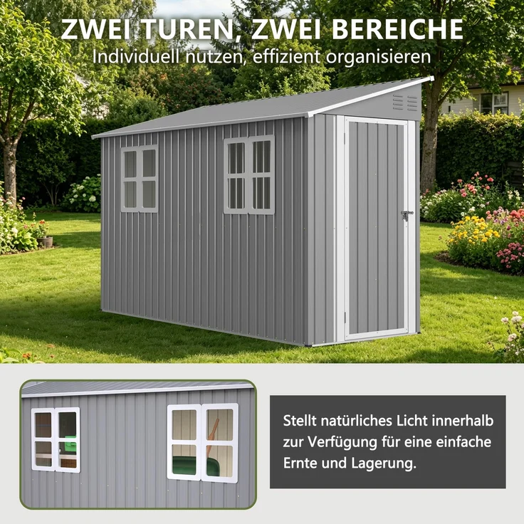 ZUBALIYA 4x10 Fuß (ca. 1, 2x3 m) Outdoor-Schwerlast-Metallschuppen mit Boden-Kit, Anlehn-Design mit links/rechts-Tür & 2 Fenstern, H 188.6 × T 291 × B 110.8 cm, Grau – Bild 3