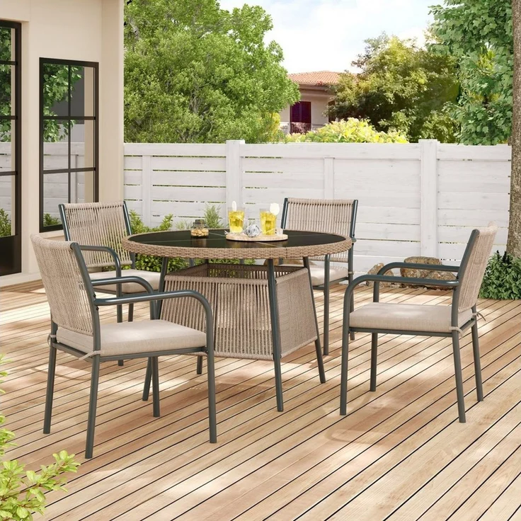 OKWISH Sitzgruppe Stuhl-Set 5-tlg. mit rundem Tisch 110x74 cm, 4 Armlehnstühle, (Set, 5-tlg, Modernes Gartenmöbel-Set aus Rattan), Eisengestell, Geeignet für Terrasse/Balkon/Deck – Bild 1