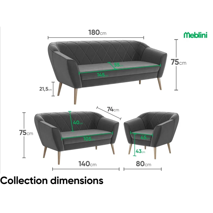 MEBLINI Mini Sofa Set 3-1-1 für Wohnzimmer - Mini Lounge für fünf Personen - Küchensofa - Sofa Klein - Sitzgarnitur - Polstergarnitur - Sofagarnituren - GISELA - 3+1+1 - Dunkelgrau Samt – Bild 6