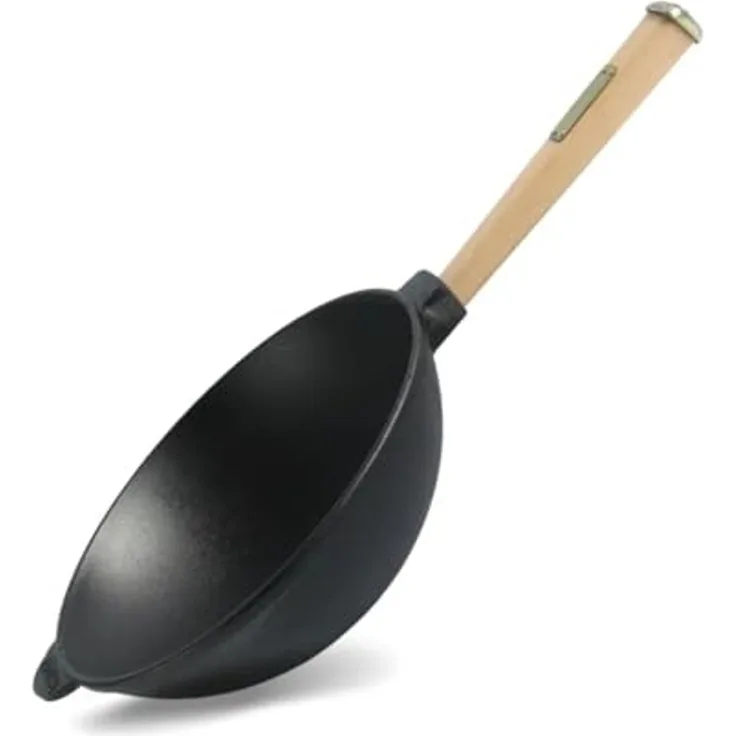 Wok Bratpfanne Ø24 cm 2,2 L aus Gusseisen mit Holzgriff Asia Wokpfanne Induktion