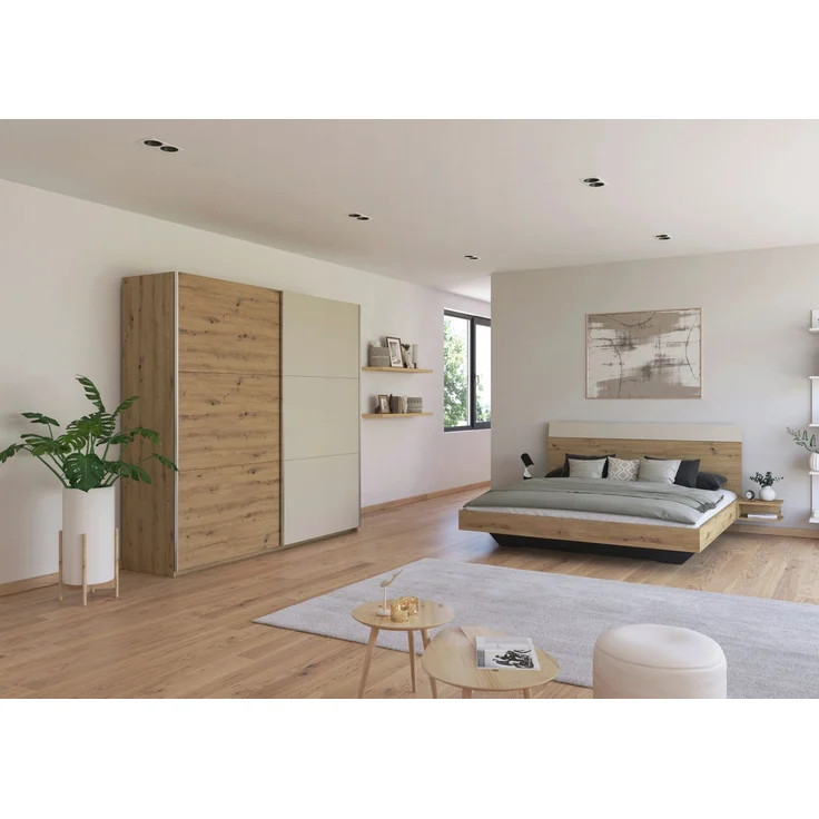 Schlafzimmer Monza Beige mit Schwebetürenschrank mit oder ohne Spiegel im Dekor Eiche Artisan und Beige – in verschiedenen Varianten wählbar - 4 teilig , Kleiderschrank ohne Spiegel + Bett 180x200cm + 2 Nachttisch