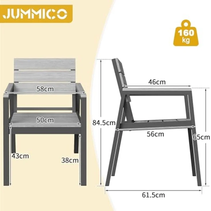 JUMMICO Gartenstuhl klappbar mit breiter Rückenlehne, Voll-Aluminium, Grau Holzoptik – Bild 2