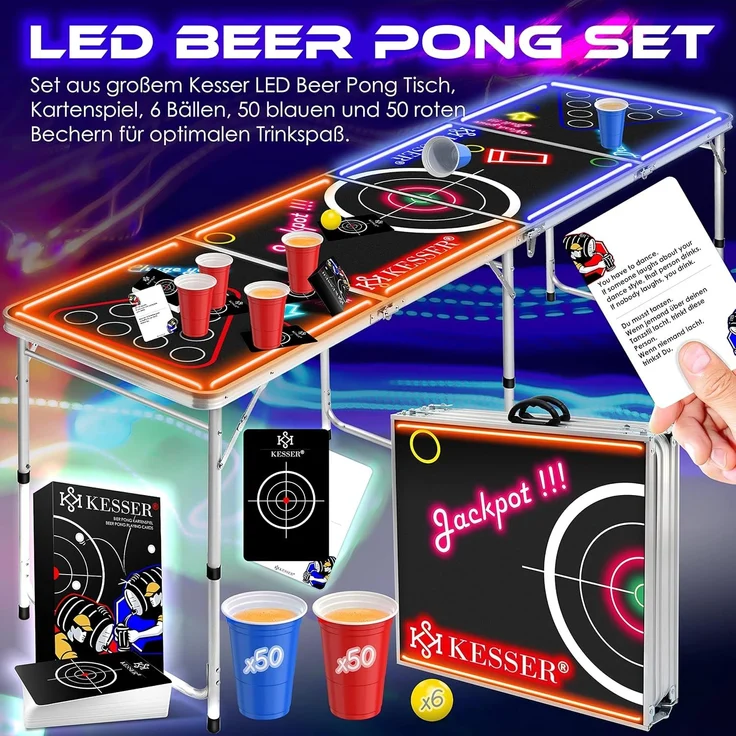 KESSER® Beer Pong Tisch Set mit LED, Kartenspiel, 100 Becher & 6 Bälle, höhenverstellbar / klappbar, Aluminium schwarz, 61 x 244 x 76 cm – Bild 2