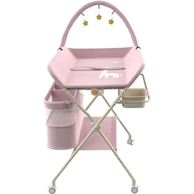 Wickelstation für Baby, Wickeltisch, faltbar, tragbar, Wickeltisch, faltbar, tragbar, mit Aufbewahrungskorb, maximale Belastung von 25 kg,75 x 68 x 83–91 cm (Schwarz) Rosa – Bild 5