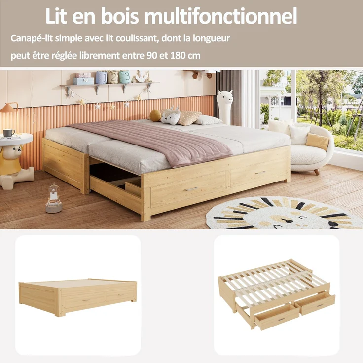 ZUBALIYA Tagesbett 90/180 × 190 cm, Holz, Ausziehbett, Schubladen, Lattenrost, Naturholz – Bild 6