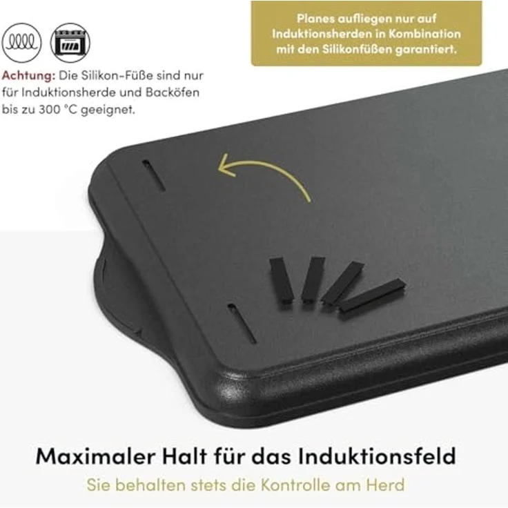 Hoffmann Germany Teppanyakiplatte Grillplatte 2in1 Aluguss eckig 49x29 cm – Made in Germany, Aluguss (1-tlg, 1x Grillplatte 49x29 cm + Silikon-Füße), Grillstreifen + Bratfläche, Antihaft, backofenfest, Induktion – Bild 4