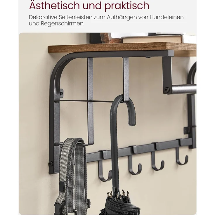 Vasagle Wandgarderobe mit Ablage und 5 abnehmbaren Haken, Holz vintagebraun-schwarz, 80 x 30 x 27 cm – Bild 8